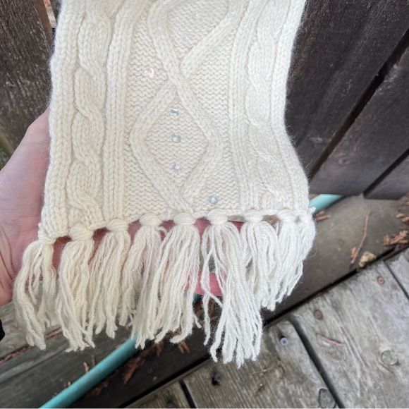 Wool & Angora Blend Cable Knit Fringed Scarf In Cream With Sequins Accents - Picture 8 of 14